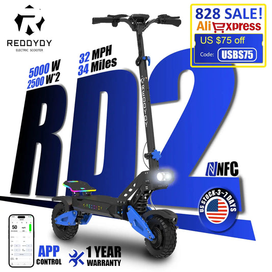 REDDYDY RD2 Electric Offroad Scooter 50MPH Max Speed 5000W Peak Dual Motors Adult Scooter 60V25Ah High Capacity Battery 55Miles Long Range 3-riding Modes 10.5" Off-Road Tires Dual Hydraulic Disc Brakes Dual Shock Absorbers NF by Beastly Survival Outlet