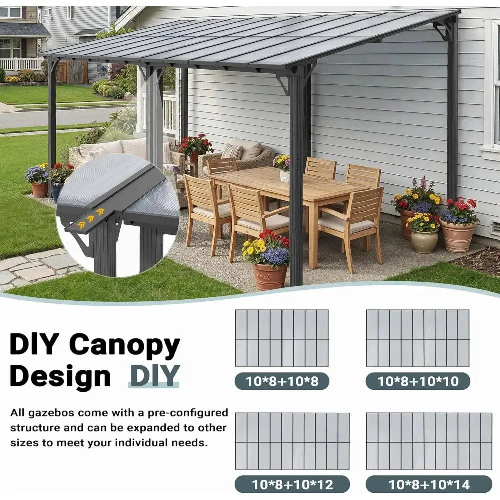 10'x8' Wall-Mounted Lean-To Gazebo, Aluminum Frame & Polycarbonate Hardtop with Sloped Roof, Outdoor Patio Pergola, Customized by Beastly Survival Outlet