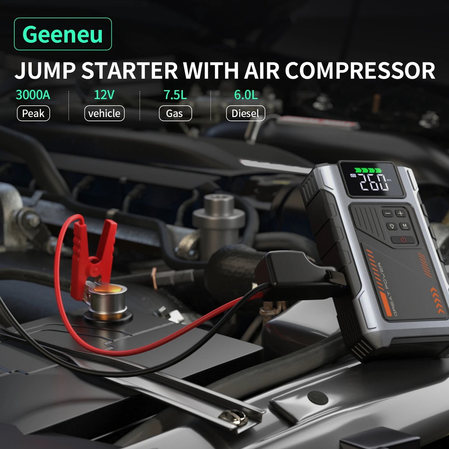 Geeneu Portable Car Jump Starter With Air Compressor 3000A Peak Power 12V Battery Pack Tire Inflator 150 PSI USB LED