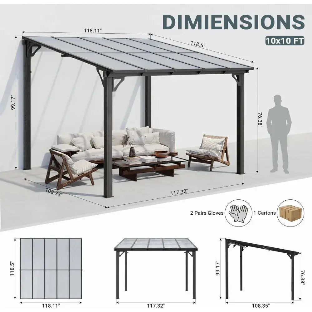 10'x10' Wall-Mounted Lean-To Gazebo, Aluminum Frame & Polycarbonate Hardtop with Sloped Roof, Outdoor Patio Pergola, Customized by Beastly Survival Outlet