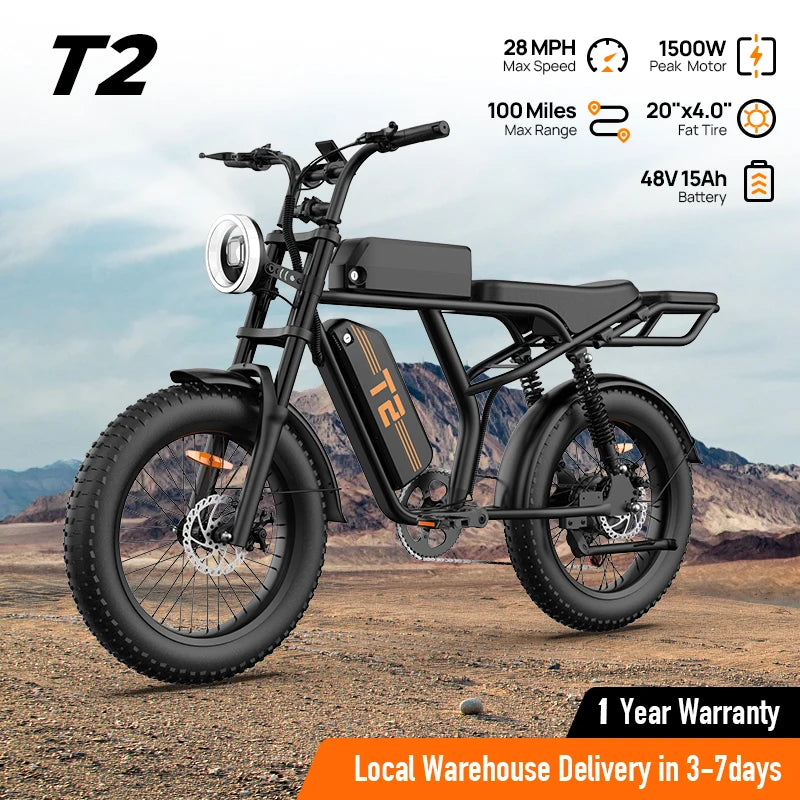 1500W Peak Electric Mountain Bike With Removable 48V 15.6Ah Battery 28 MPH 100 Mile Range 20x4 Fat Tires Free Shipping