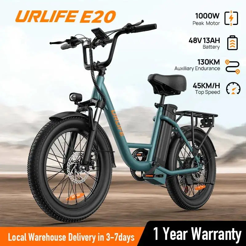 URLIFE 1000W E20 Electric Bike | 48V 13Ah Removable Battery, 28MPH, 20''X3" Fat Tire, 7-Speed E-Bike with Dual Disc Brake by Beastly Survival Outlet