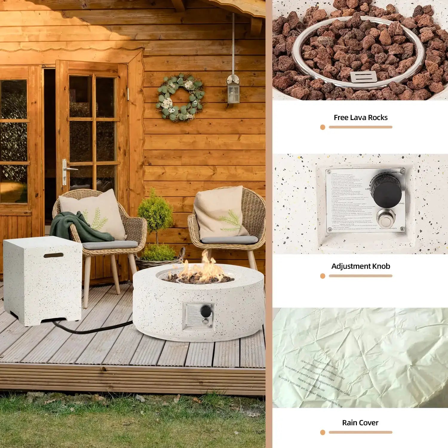40000 BTU 28in Concrete Propane Fire Pit Table Smokeless Outside with Cover Lava Rocks Garden Deck Backyard, Customized by Beastly Survival Outlet