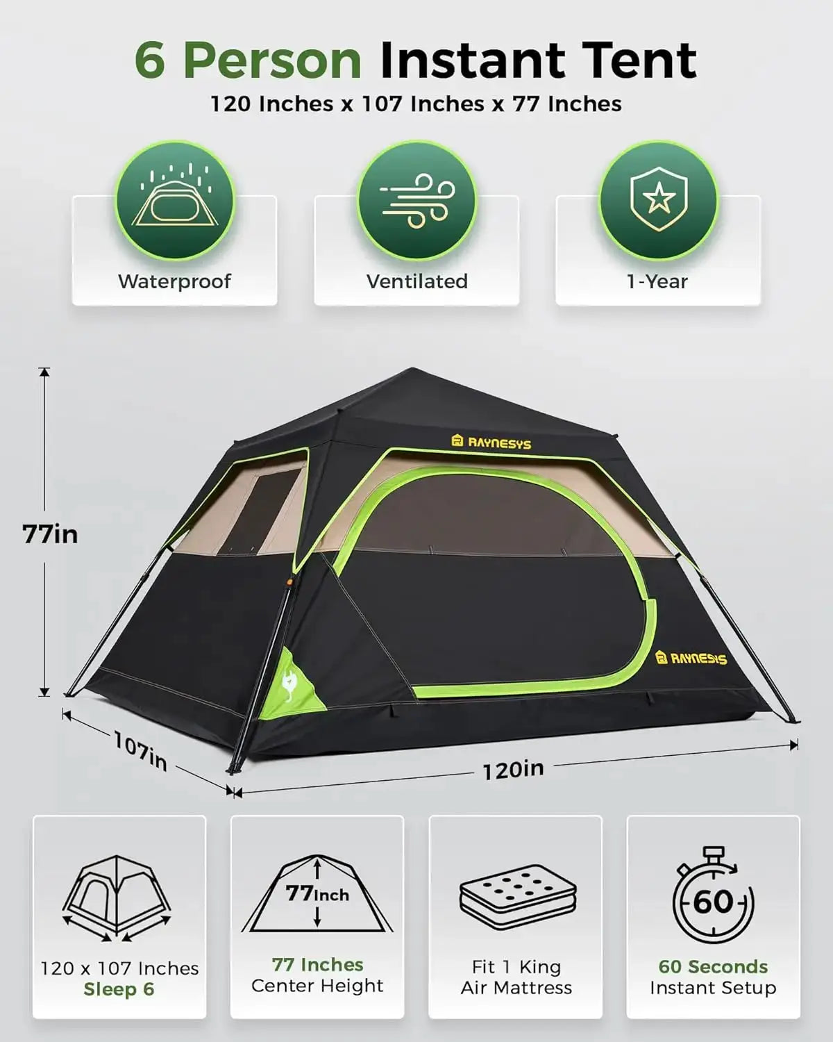 Instant Camping Tent for 6 Person, 60-Second Setup, Waterproof Pop Up with Rainfly & Carry Bag by Beastly Survival Outlet