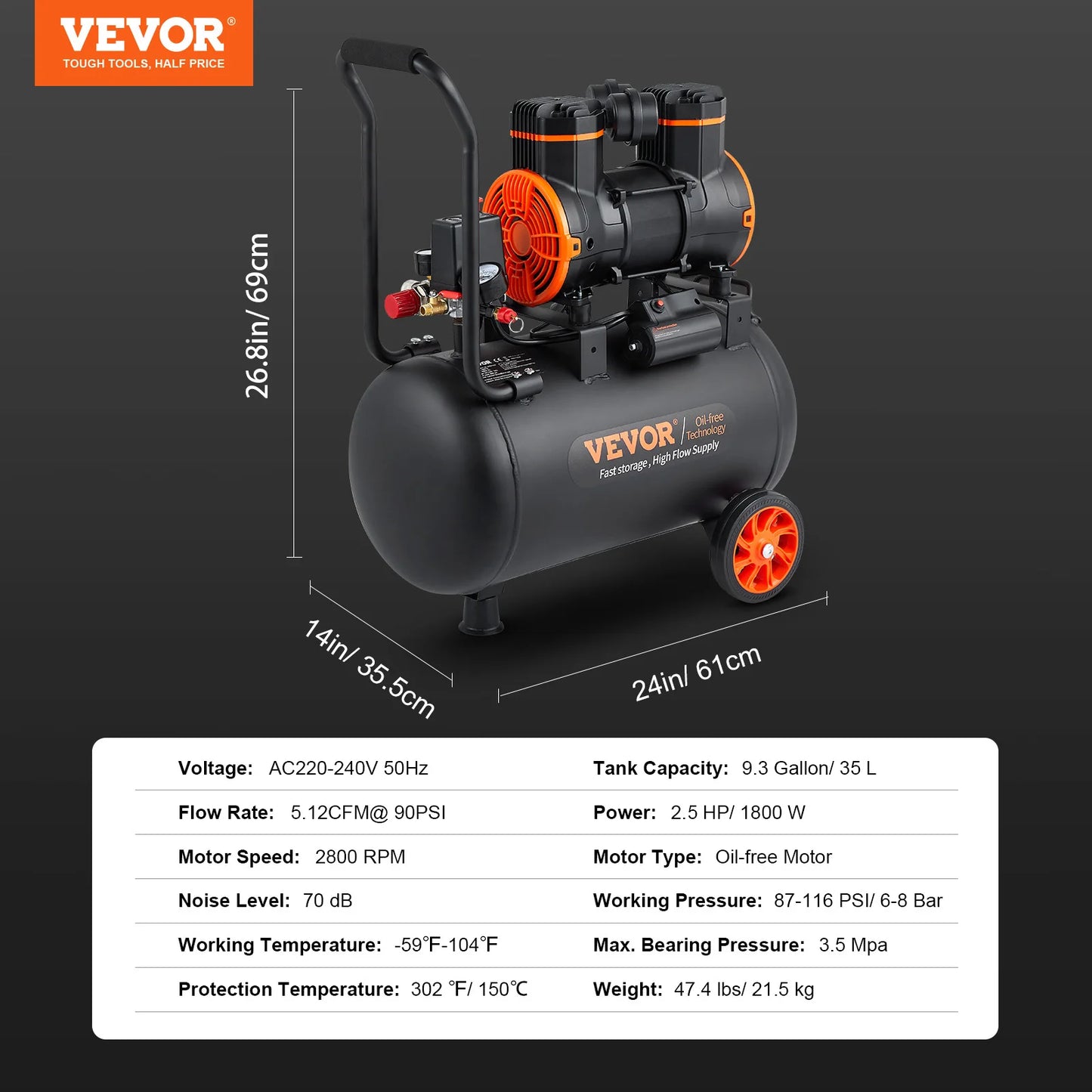 VEVOR Silent Air Compressor 900W 1450W 1800W Quiet Pump