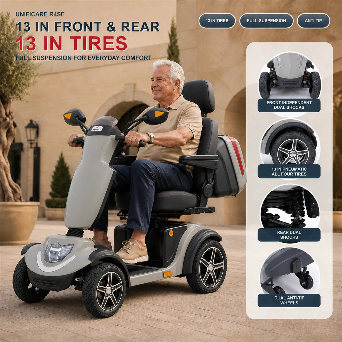 Unificare R4SE 4 Wheel Mobility Scooter For Seniors Heavy Duty Handicap Electric Scooter Keyless Start Bluetooth Audio Full Suspension With Lockable Removable Rear Storage Box by Beastly Survival Outlet Unificare R4SE 4 Wheel Mobility Scooter For Seniors Heavy Duty Handicap Electric Scooter Keyless Start Bluetooth Audio Full Suspension With Lockable Removable Rear Storage Box Beastly Survival Outlet