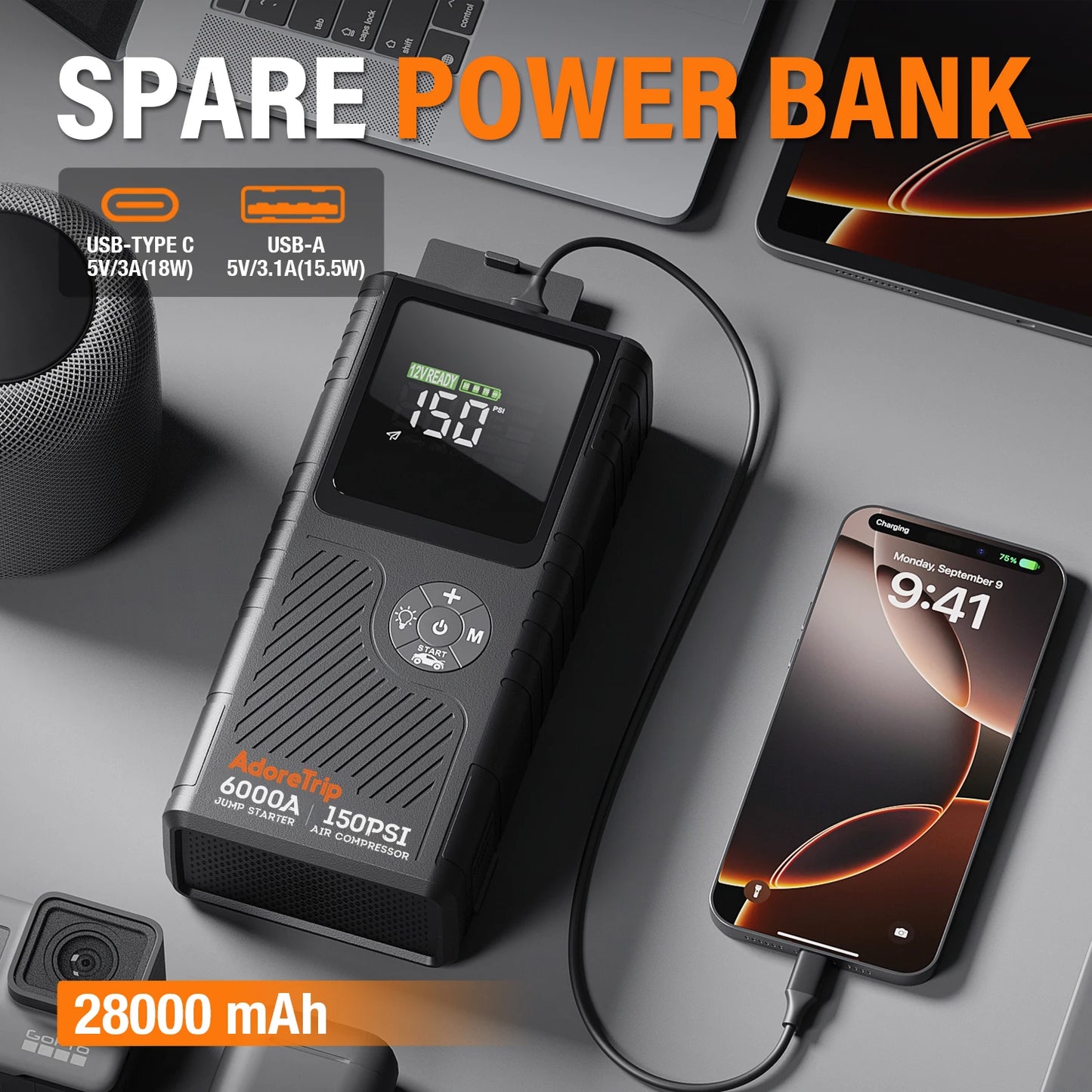 AdoreTrip 6000A Car Jump Starter With Air Compressor 12V