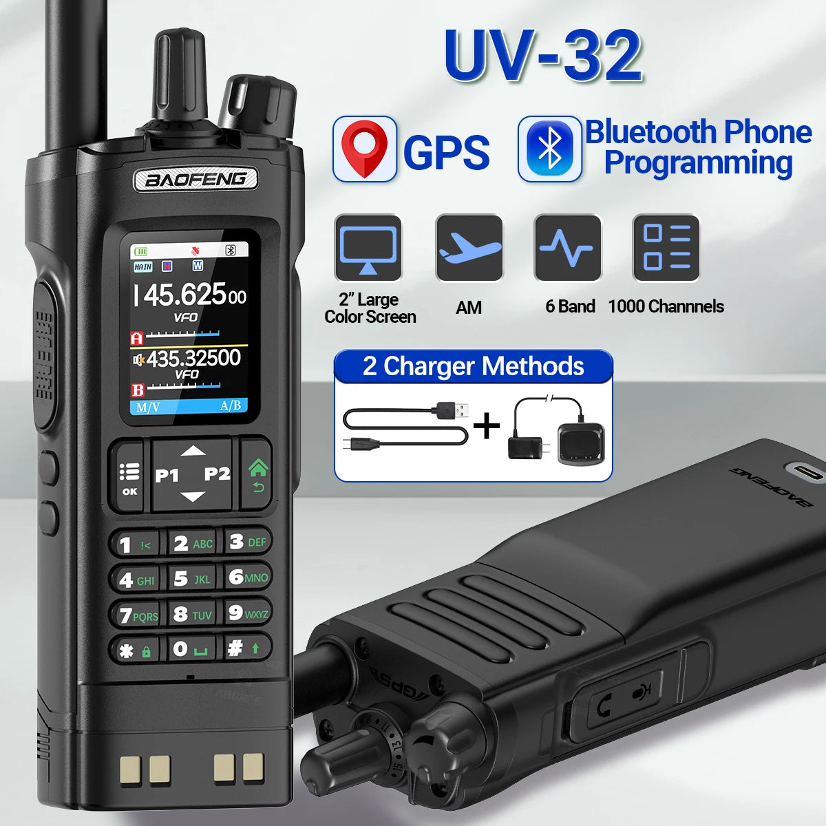 Baofeng UV 32 GPS Walkie Talkie 10W Long Range Bluetooth