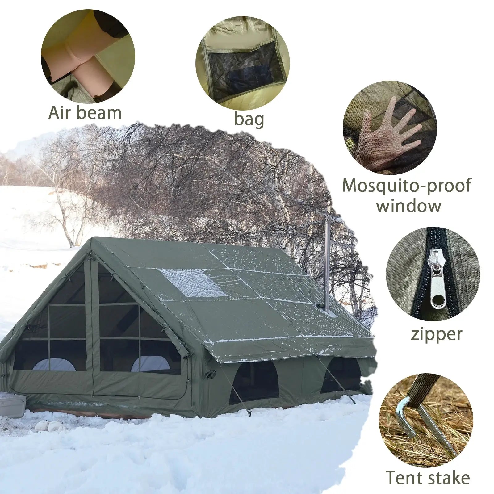PAKICETUS Large Inflatable Camping Tent with Roof Window & Stove Space, 4-6 Person Quick Setup Air Tent, Oxford Fabric All Season Waterproof Family Outdoor Hot Tent for Camping Backpacking Hiking by Beastly Survival Outlet
