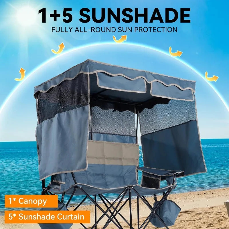 Double Beach Chair With Canopy Shade Folding Loveseat