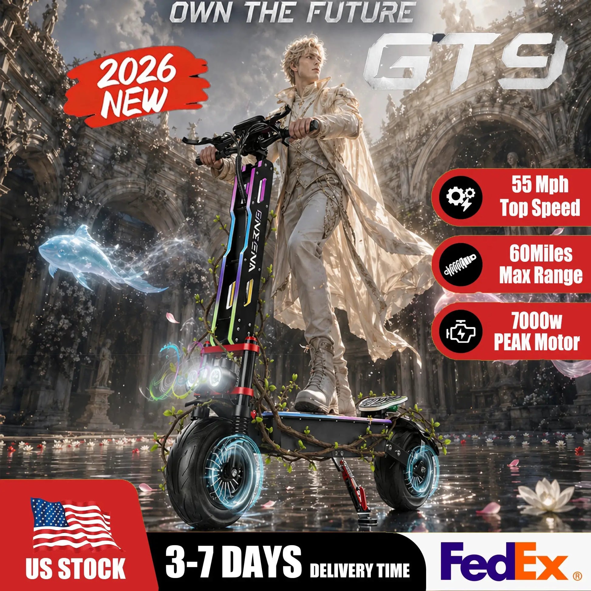 ONECNA NEW GT9 GT8 GT7 Adult Electric Scooter, 5600W/7000W Dual Motors, Maximum Speed up to 45 50 55 MPH, Equipped with 60V 33Ah/38Ah Battery, Maximum Speed up to 50/55 MPH, Large Display Screen, 11 Inch/12 inch Tubeless Tire by Beastly Survival Outlet