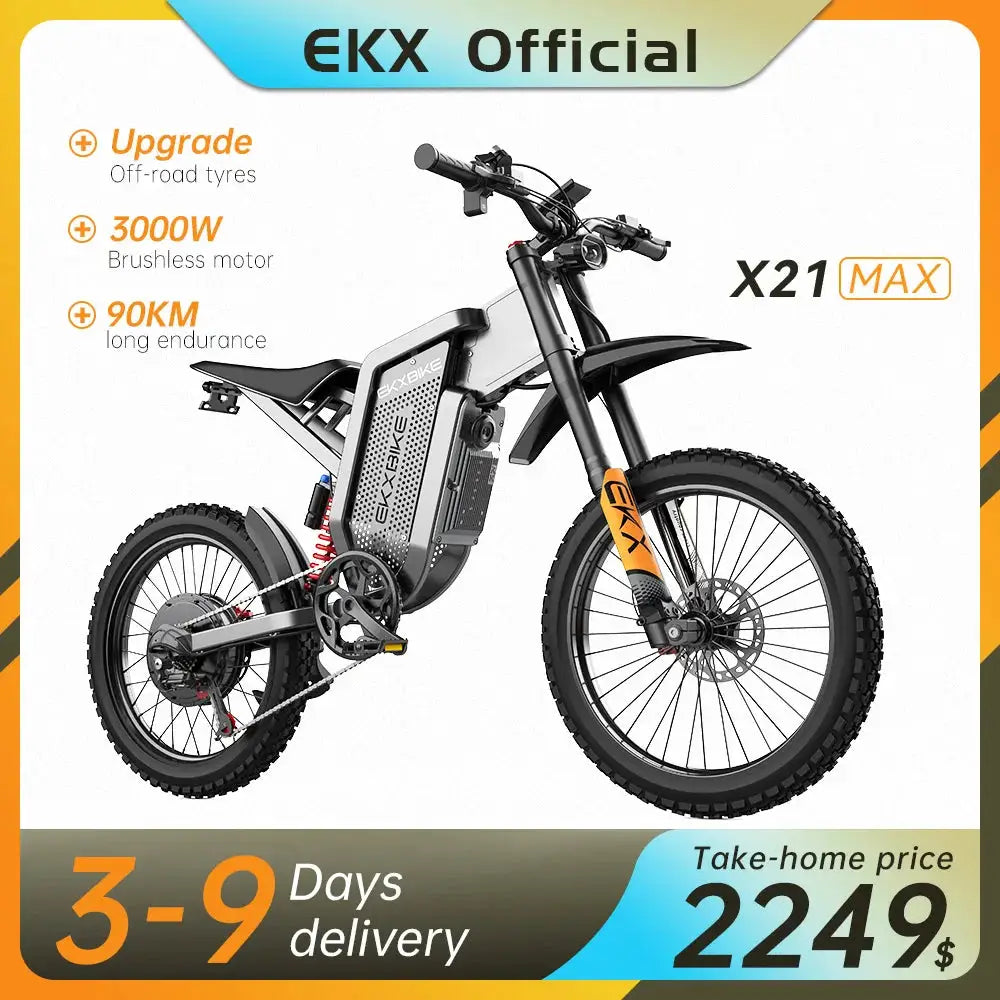 EKX X21 Max Electric Motorcycles 3000W Brushless Gearless Motors 60V30AH Lithium Battery Speed 85Kmh Adult Off Road Ebike by Beastly Survival Outlet
