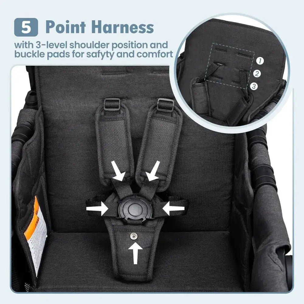 Double Wagon Stroller for 2 Kids, Foldable All-Terrain, High Seat, 5-Point Harness, Canopy, Black by Beastly Survival Outlet