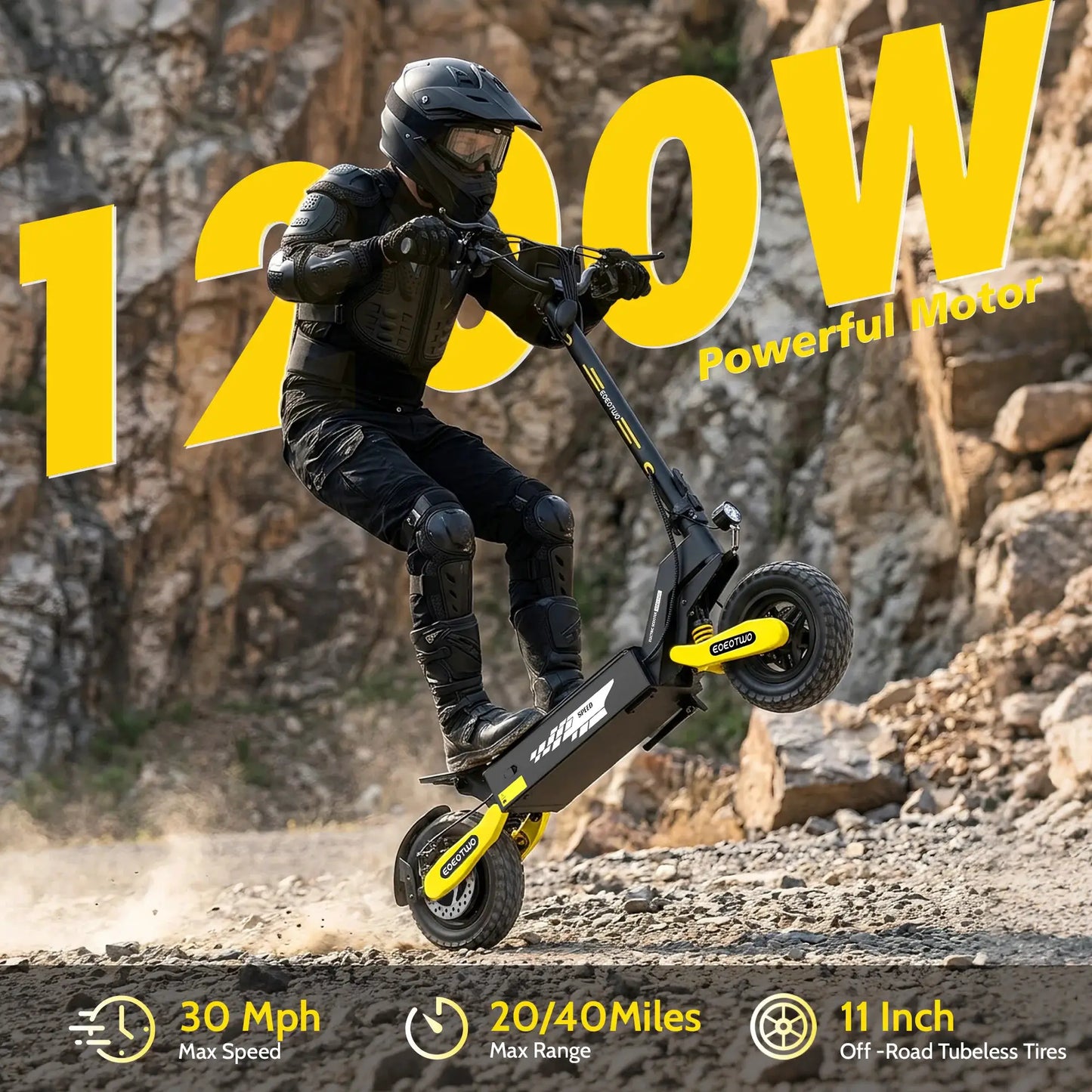 EOEOTWO 1200W Off Road Electric Scooter for Adults 48V Long Range E-Scooter 30MPH Fast Speed 11" Tubeless Tire Foldable Kick Scooter by Beastly Survival Outlet