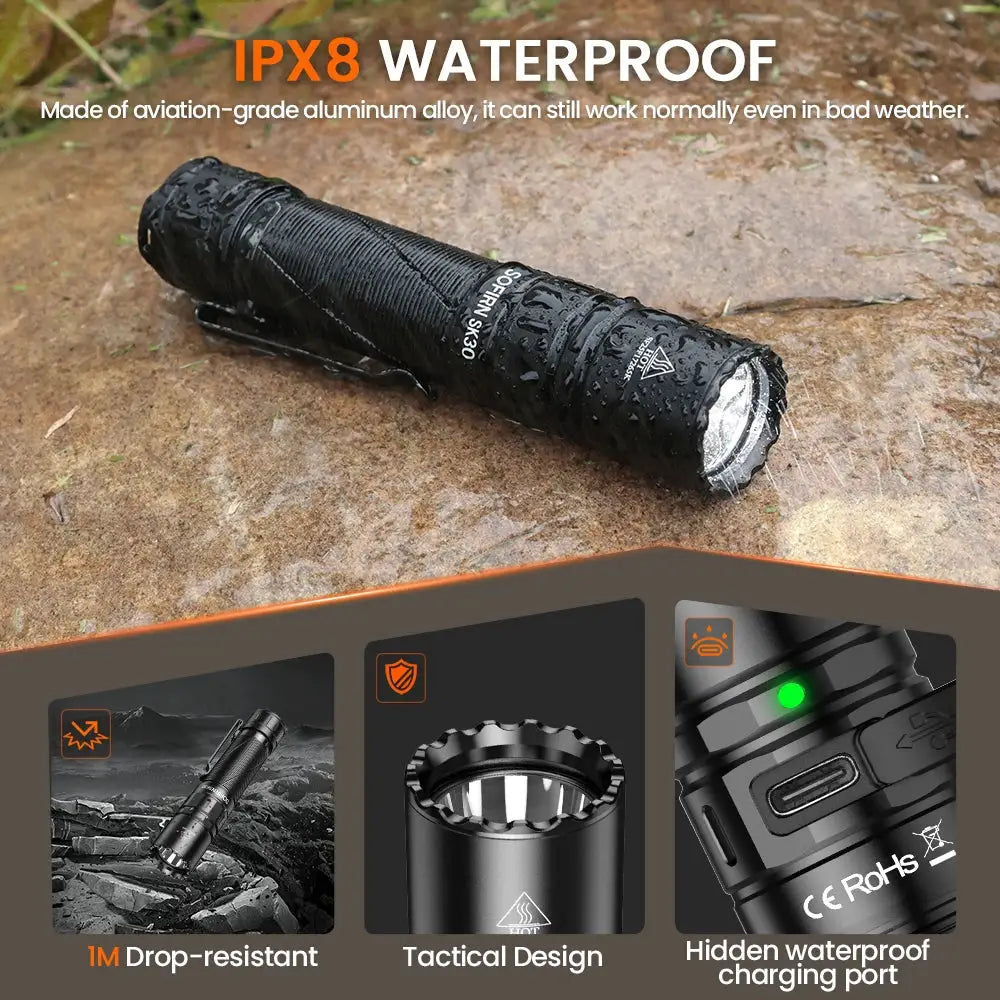 Sofirn SK30 3000 Lumen 6000K USB C Tactical Flashlight 21700 by Beastly Survival Outlet