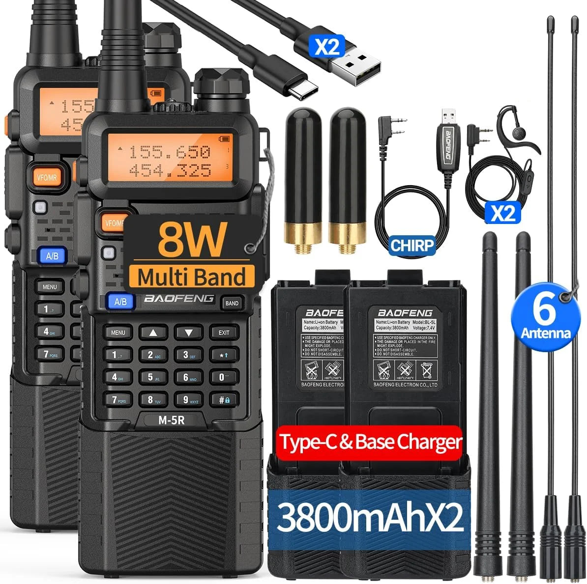 Baofeng M-5R 8W Walkie Talkies Dual Pack 3800mAh Battery Pro