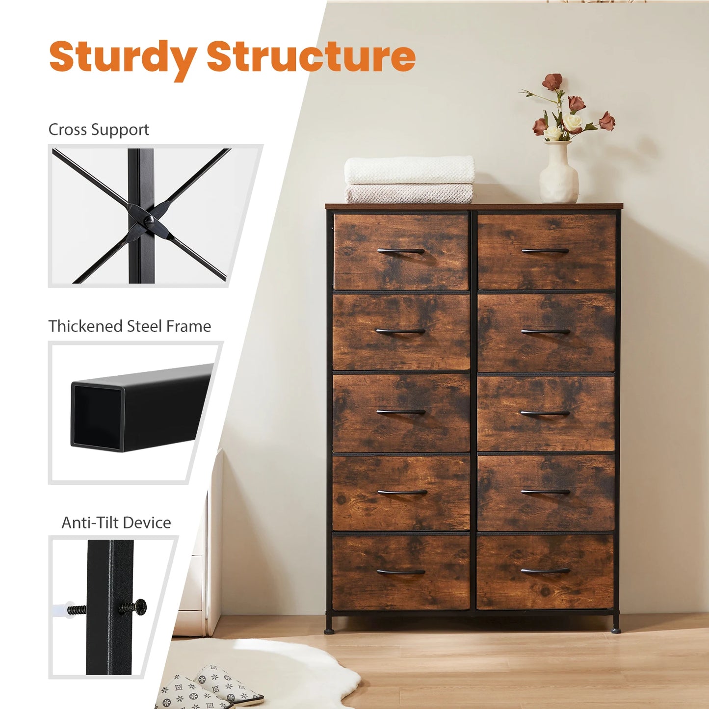 JHK Bedside Table With 10 Drawers For Stylish Home Storage