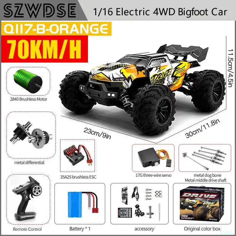 Wltoys Q117 1/16 RC Car 4WD Remote Control Car LED Headlights Brushless 70KM/H 2.4G High Speed Off-Road Drift Toys for Children by Beastly Survival Outlet