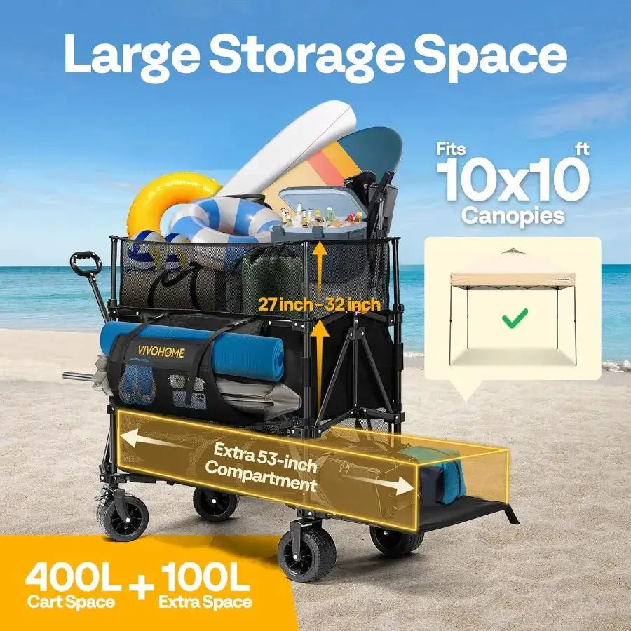 500L Large Capacity Double Decker Collapsible Wagon 500lbs Heavy Duty Utility Folding Cart with Big Wheels 53 Extended for Camp by Beastly Survival Outlet