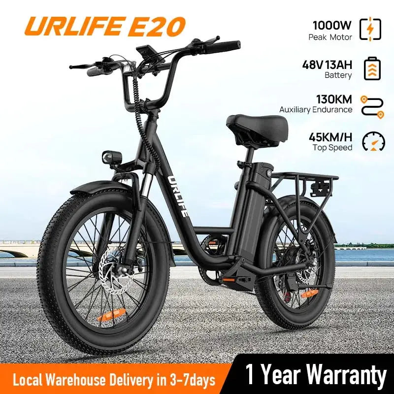 URLIFE 1000W E20 Electric Bike | 48V 13Ah Removable Battery, 28MPH, 20''X3" Fat Tire, 7-Speed E-Bike with Dual Disc Brake by Beastly Survival Outlet