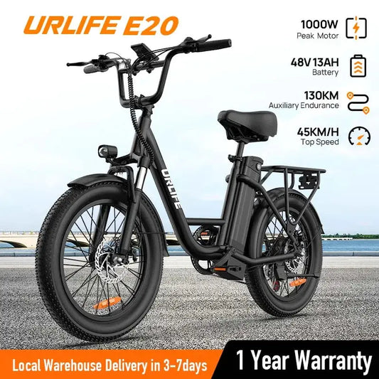URLIFE 1000W E20 Electric Bike | 48V 13Ah Removable Battery, 28MPH, 20''X3" Fat Tire, 7-Speed E-Bike with Dual Disc Brake by Beastly Survival Outlet