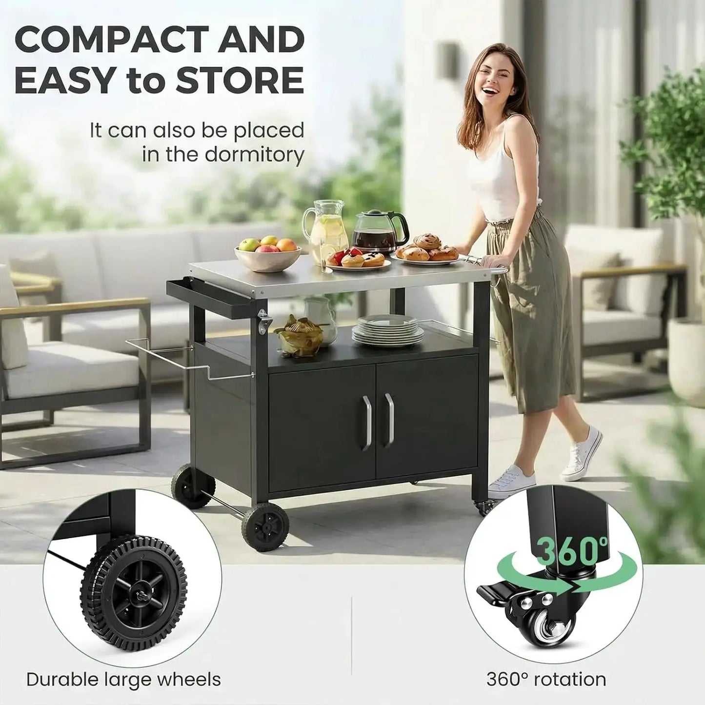 Outdoor Grill Cart with Storage Cabinet, XL Outdoor Kitchen Island with Stainless Steel Top, Outdoor Grill Station w/ 4 Wheels by Beastly Survival Outlet