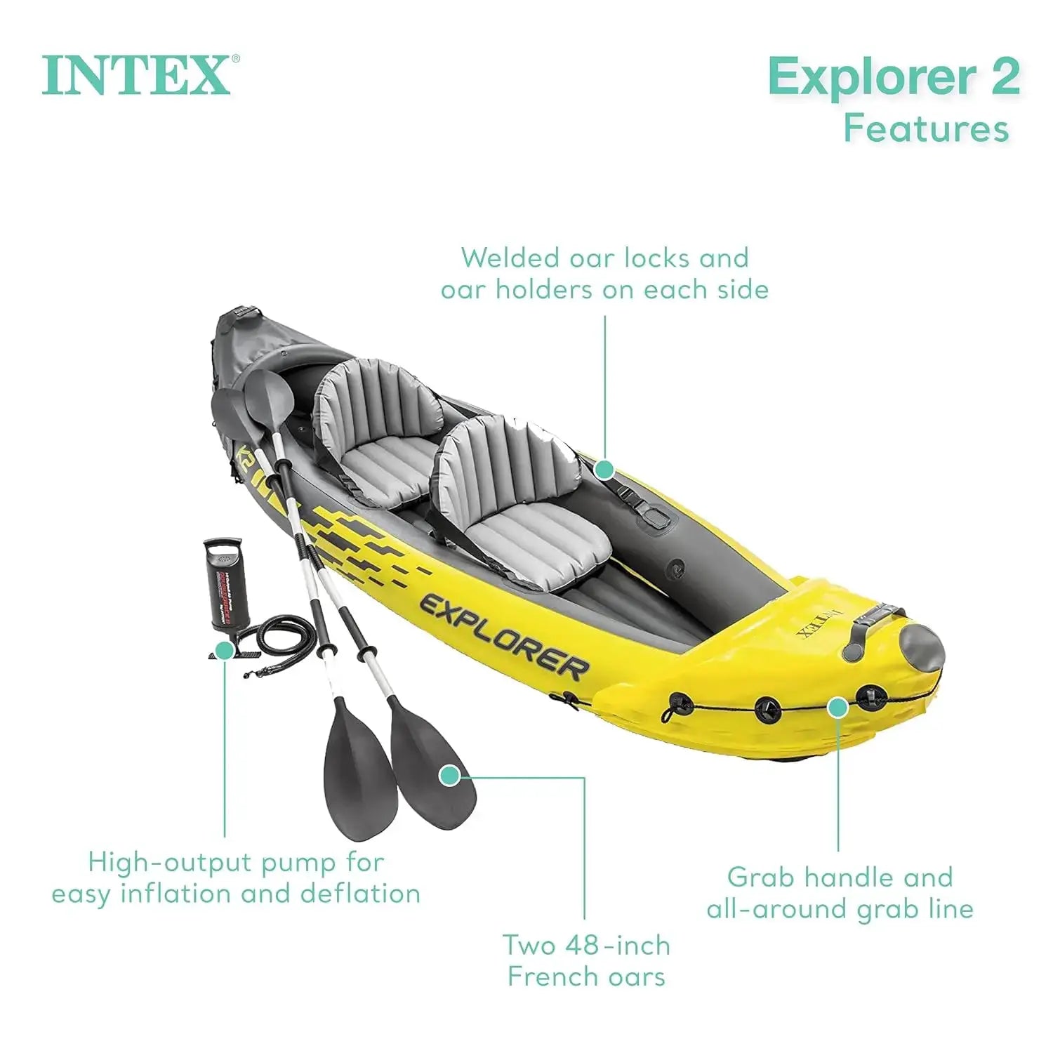 68307EP Explorer K2 Inflatable Kayak Set: Deluxe 86in Kayak Paddles and High-Output Pump – Adjustable Seats with, Custom by Beastly Survival Outlet