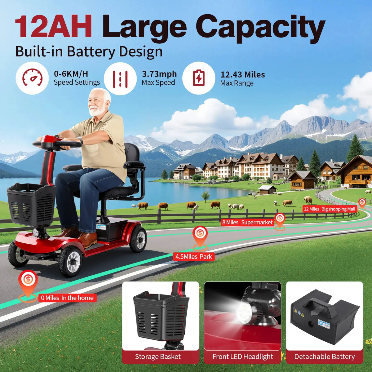 Unificare Red 12Ah Foldable 4 Wheel Mobility Scooter For Adults Seniors 250W Motor 12.43 Miles Range Electromagnetic Brake 360 Swivel Adjustable Seat Solid Tire Heavy Duty Outdoor Travel Scooter by Beastly Survival Outlet Unificare Red 12Ah Foldable 4 Wheel Mobility Scooter For Adults Seniors 250W Motor 12.43 Miles Range Electromagnetic Brake 360 Swivel Adjustable Seat Solid Tire Heavy Duty Outdoor Travel Scooter Beastly Survival Outlet