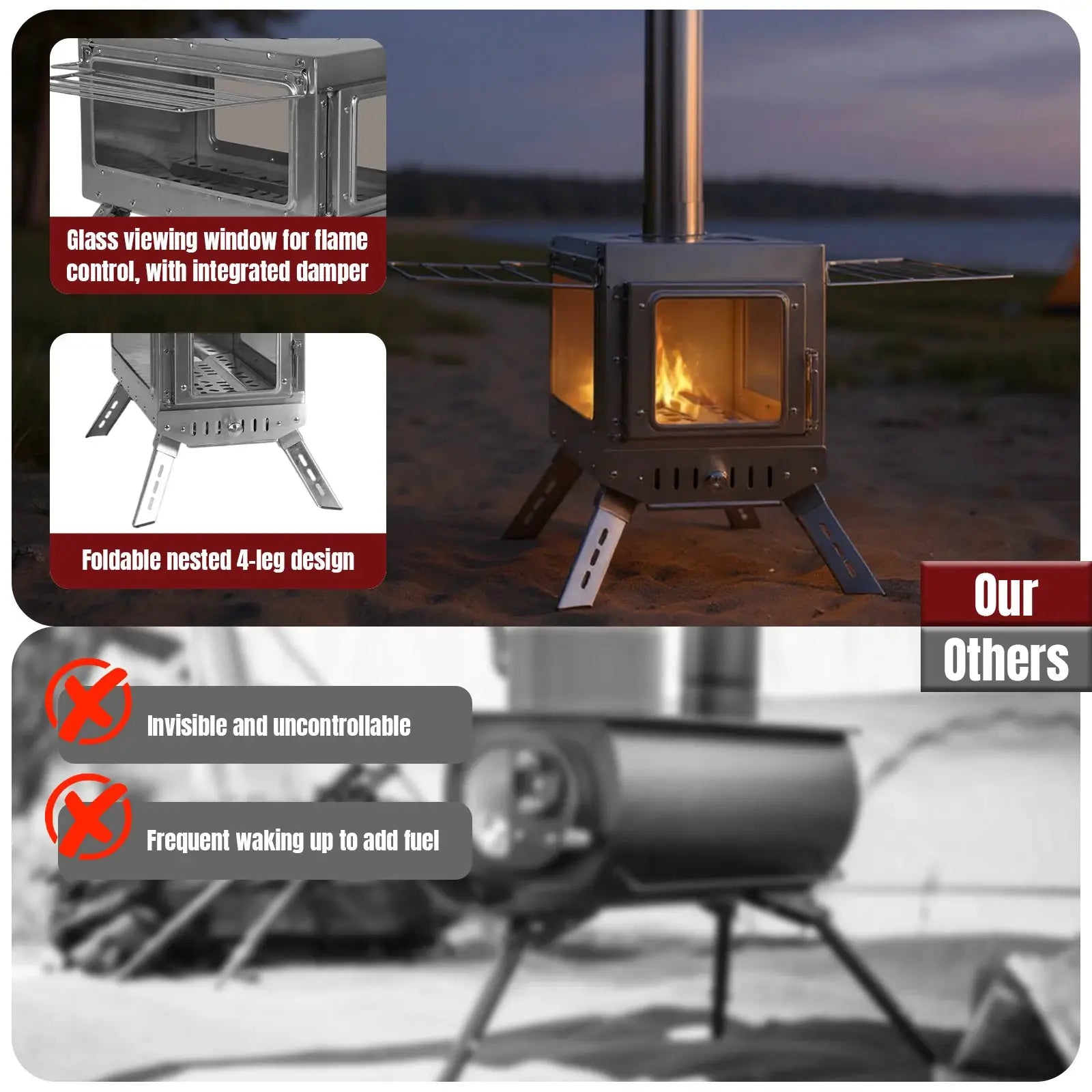 Large Tent Heating Stove with Chimney Pipe Stainless Steel Firebox Rust Proof Portable Wood Burning Stove for Outdoor Camping by Beastly Survival Outlet