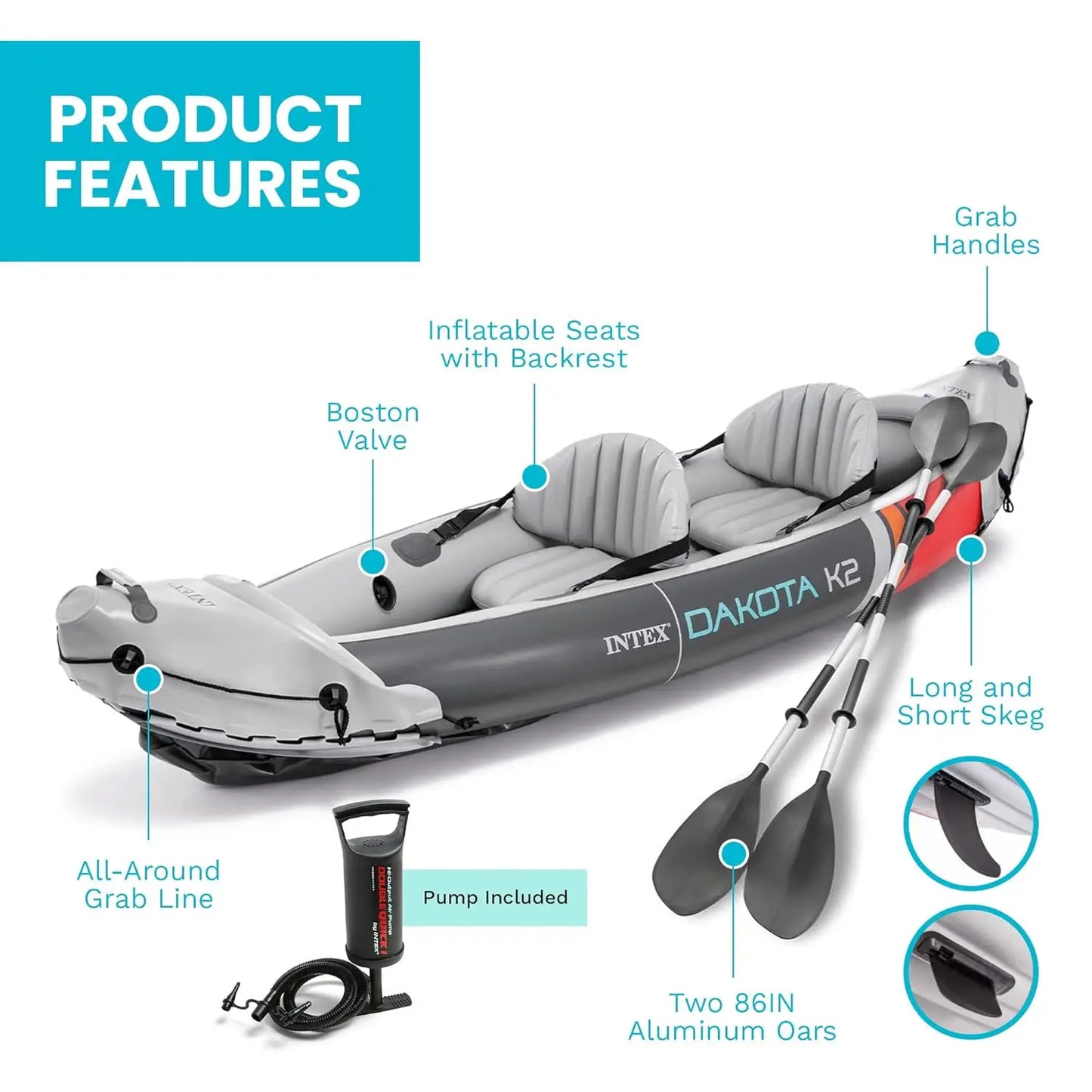 Dakota K2 Two Person Inflatable Kayak Set With Oars And Pump
