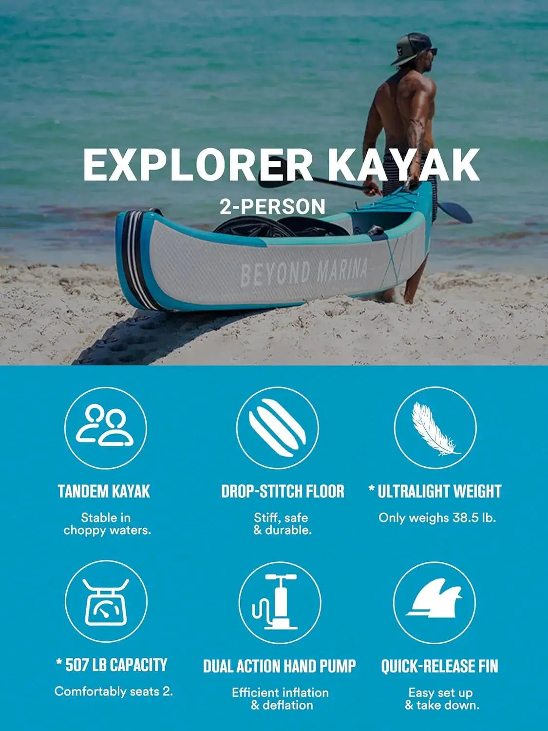 Inflatable Kayak 1 & 2 & 3 Person Adult- Full Drop Stitch Kayak with Aluminum Paddles, Seats, Footrests, Pump, Fins, Customized by Beastly Survival Outlet