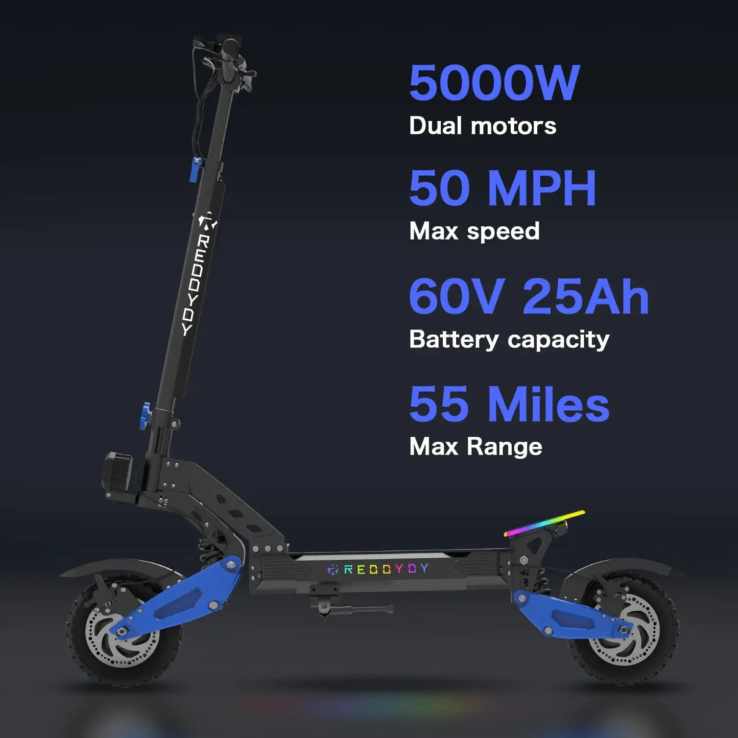 REDDYDY RD2 Electric Offroad Scooter 50MPH Max Speed 5000W Peak Dual Motors Adult Scooter 60V25Ah High Capacity Battery 55Miles Long Range 3-riding Modes 10.5" Off-Road Tires Dual Hydraulic Disc Brakes Dual Shock Absorbers NF by Beastly Survival Outlet