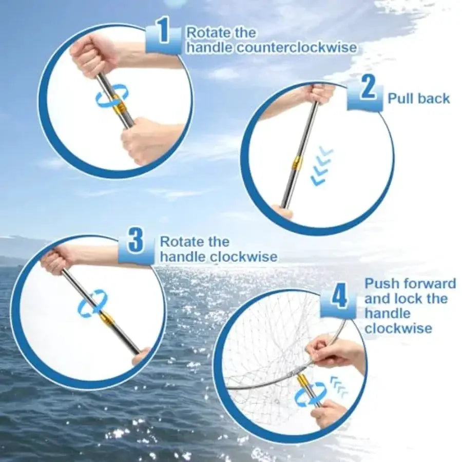 Boat and pier fishing application: stainless steel handle heavy duty fishing net, black, foldable lightweight design with 83-in by Beastly Survival Outlet