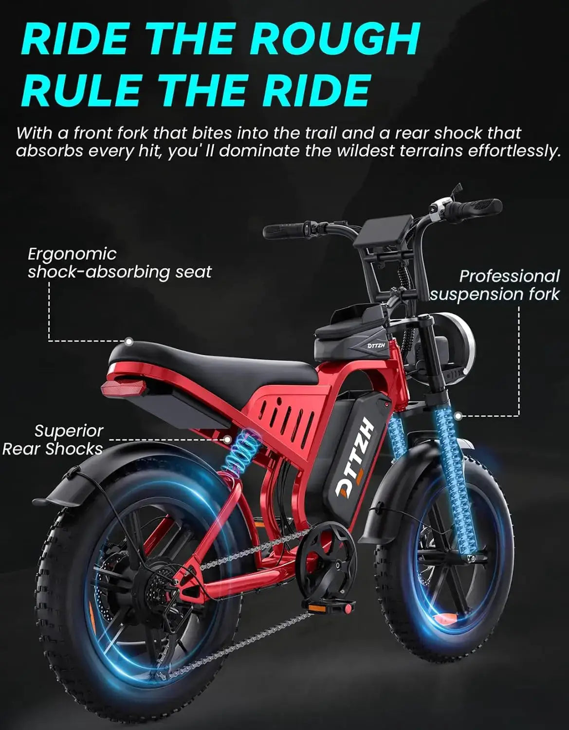 DTTZH Electric Bike for Adults, 2000W Peak 40MPH 48V 25Ah Removable Battery, 20"x4.0" Fat Tire Full Suspension 7-Speed E-Bike, NFC Unlock, UL 2849 Certified, 1 Year Warranty by Beastly Survival Outlet
