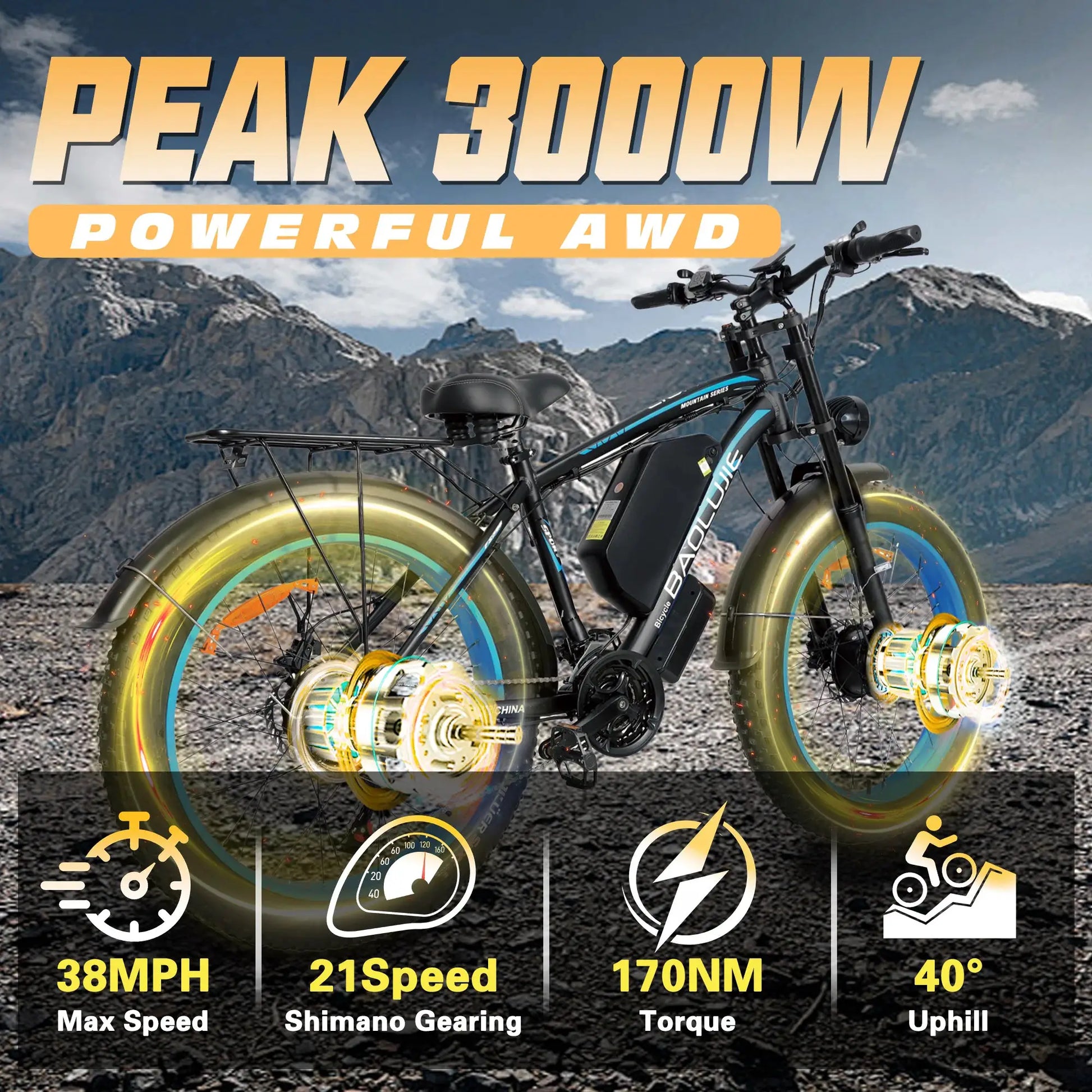 Baolujie Peak Dual Motor Electric Bike 3000W 5000W 48V 38MPH by Beastly Survival Outlet