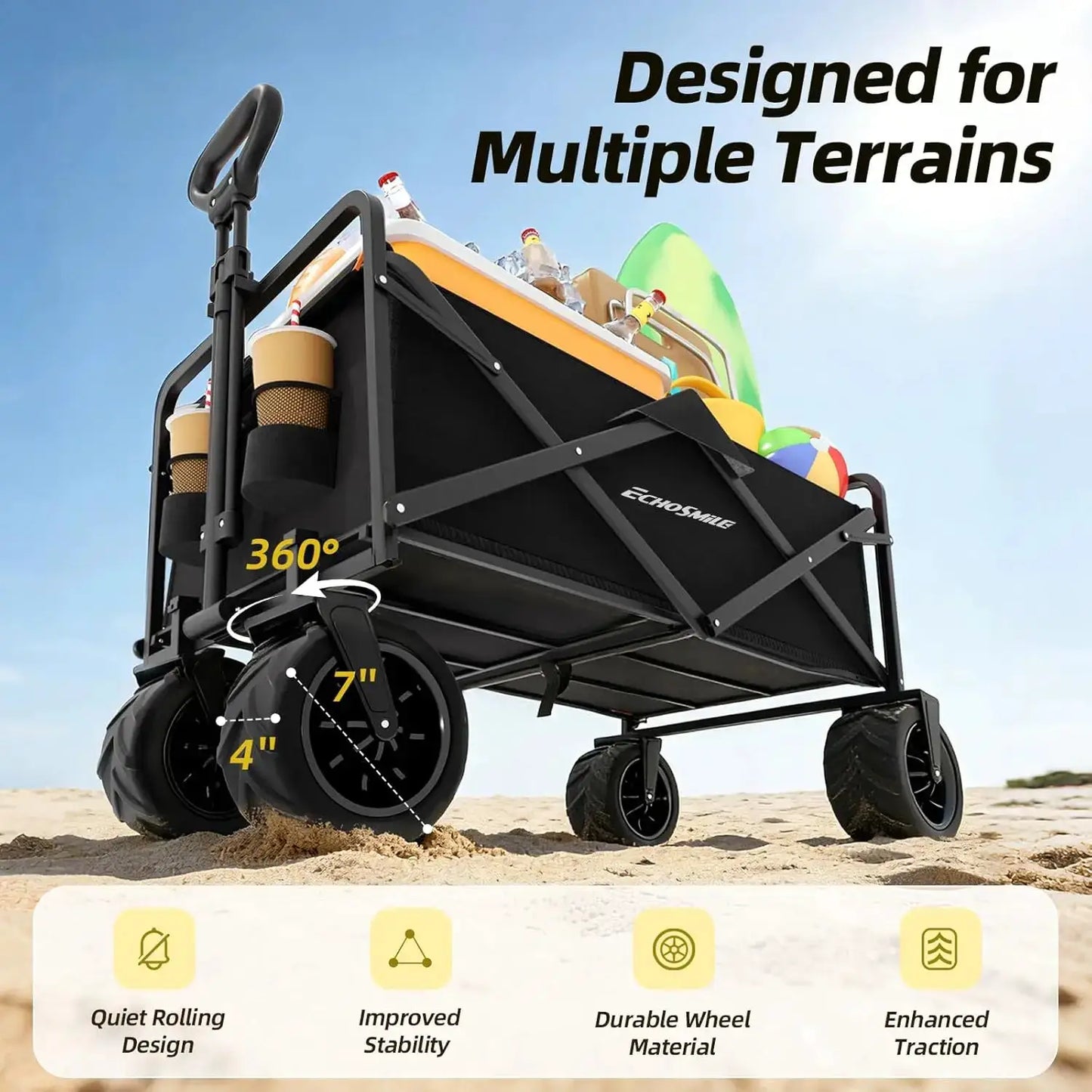 Heavy Duty Collapsible Wagon 220 Lbs Capacity, Folding Outdoor Utility Cart for Camping Grocery Beach with All Terrain Big by Beastly Survival Outlet