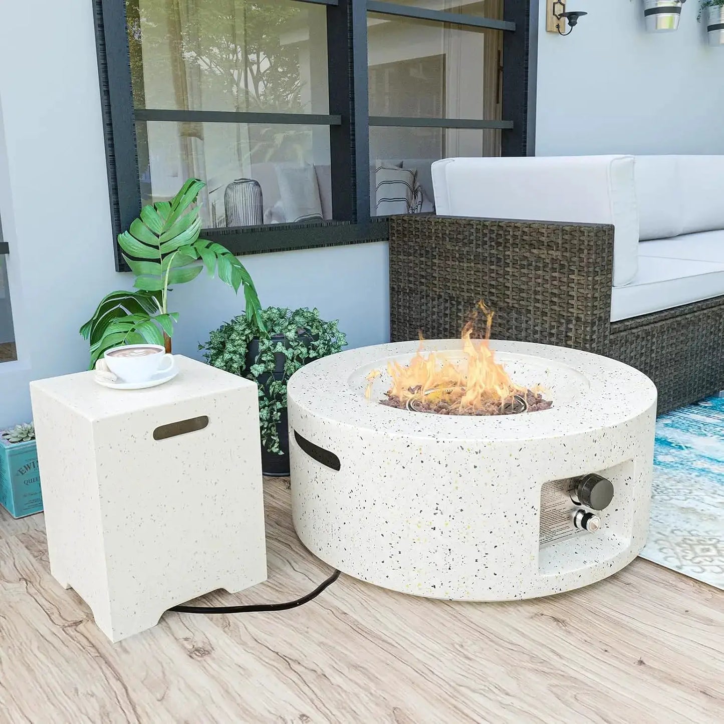 40000 BTU 28in Concrete Propane Fire Pit Table Smokeless Outside with Cover Lava Rocks Garden Deck Backyard, Customized by Beastly Survival Outlet