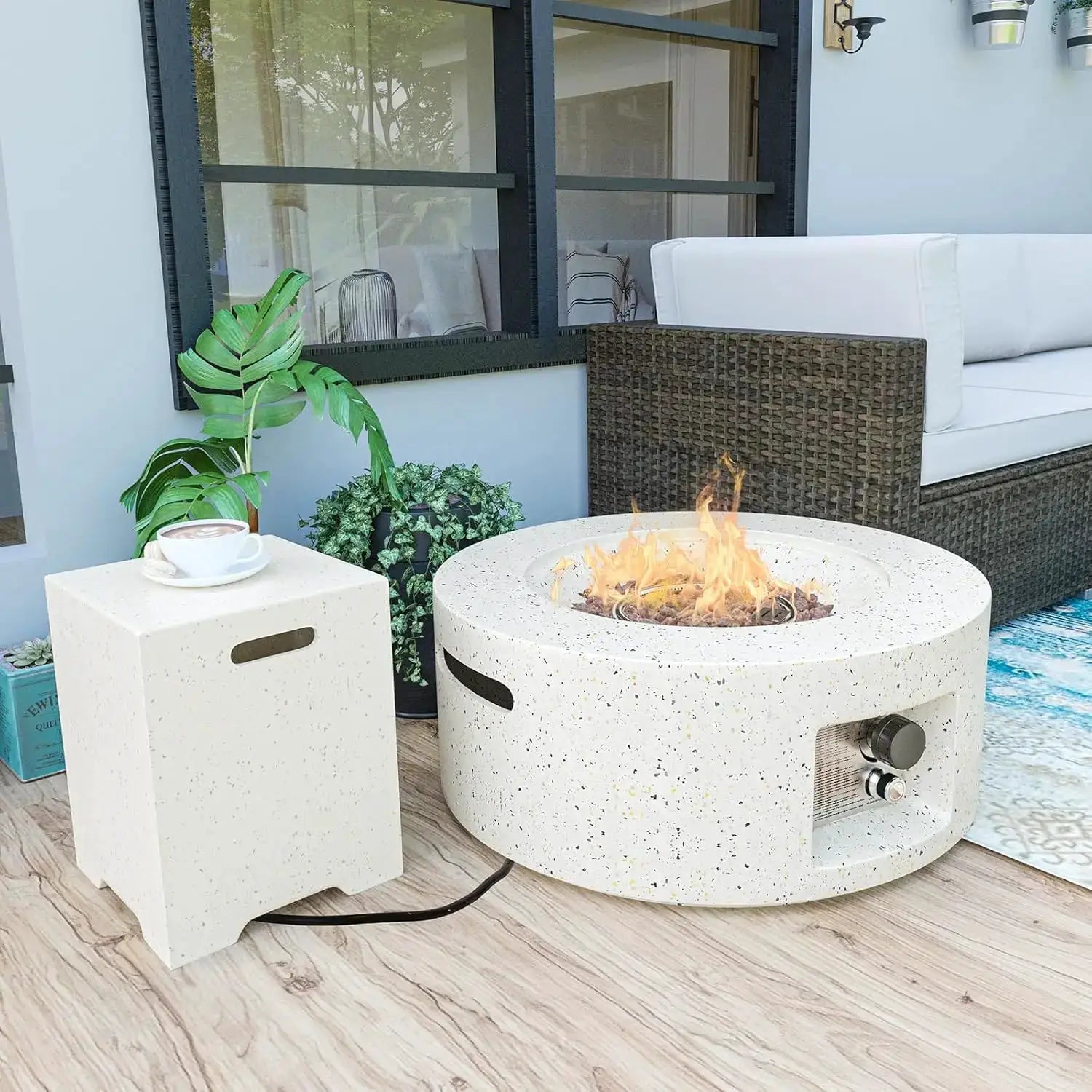 40000 BTU 28in Concrete Propane Fire Pit Table Smokeless Outside with Cover Lava Rocks Garden Deck Backyard, Customized by Beastly Survival Outlet
