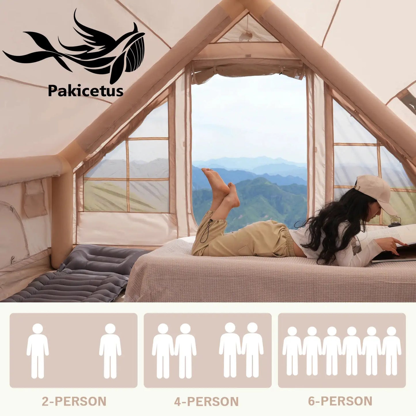 PAKICETUS Large Inflatable Camping Tent with Roof Window & Stove Space, 4-6 Person Quick Setup Air Tent, Oxford Fabric All Season Waterproof Family Outdoor Hot Tent for Camping Backpacking Hiking by Beastly Survival Outlet