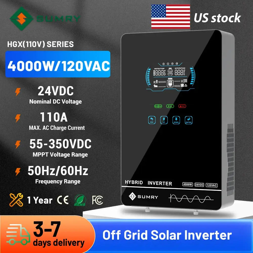 SUMRY 4KW 6KW 120V Off Grid Solar Inverter 24V 140A 5600W MPPT Charger Pure Sine Wave Home Inverter 6.25 Inch LCD Display by Beastly Survival Outlet SUMRY 4KW 6KW 120V Off Grid Solar Inverter 24V 140A 5600W MPPT Charger Pure Sine Wave Home Inverter 6.25 Inch LCD Display Beastly Survival Outlet