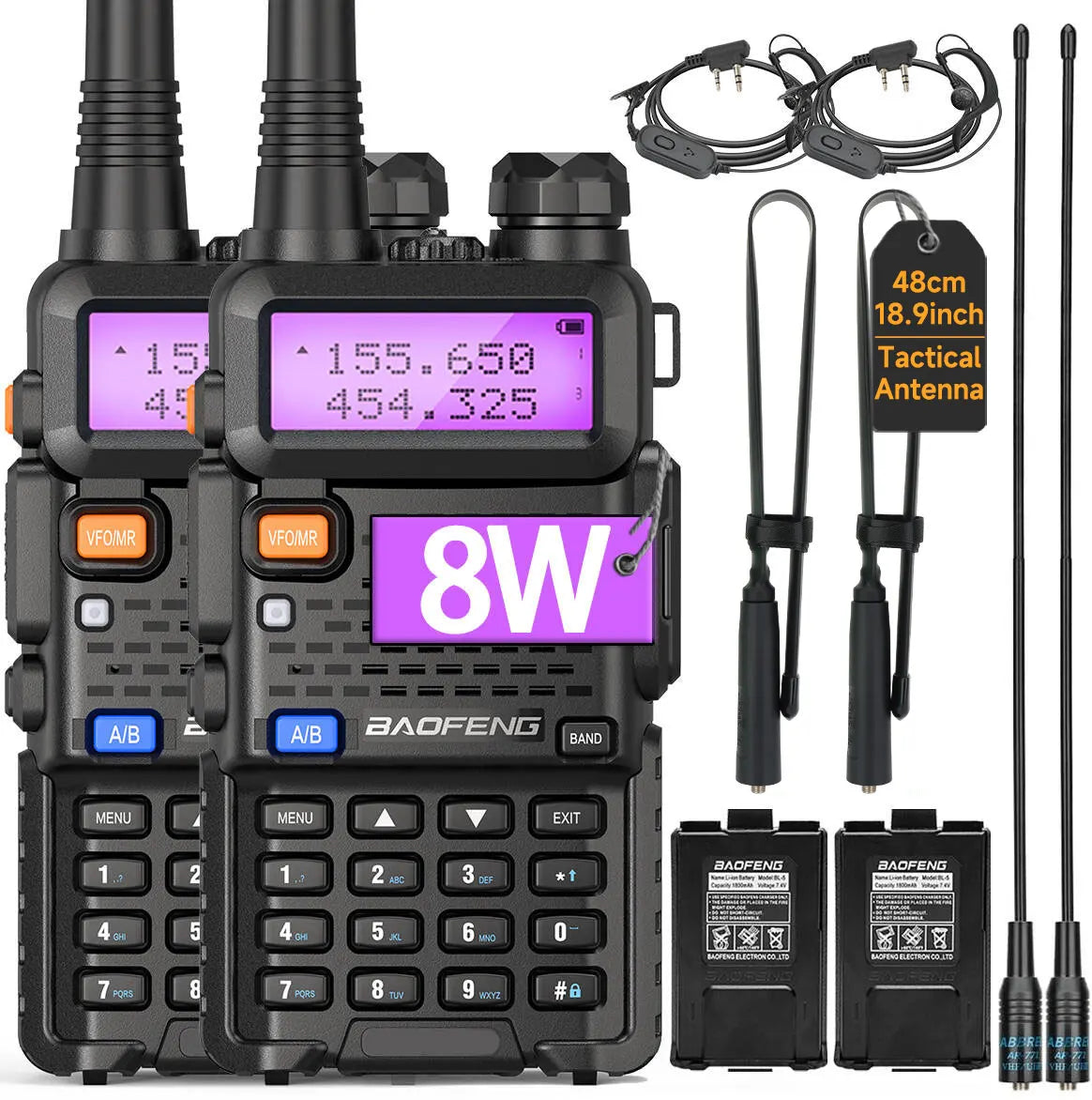 Baofeng UV5R 8W Dual Band Walkie Talkie 1800mAh Ham Radio