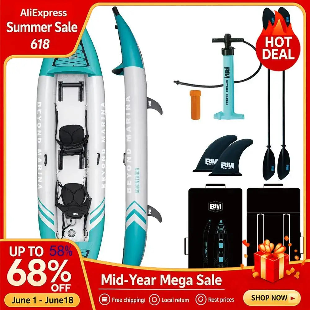 Kayak 2 Person Adult Tandem Kayak With Drop Stitch Floor, Touring Kayak With Aluminum Paddles, Seats, Footrests,Pump,Fins Custom by Beastly Survival Outlet