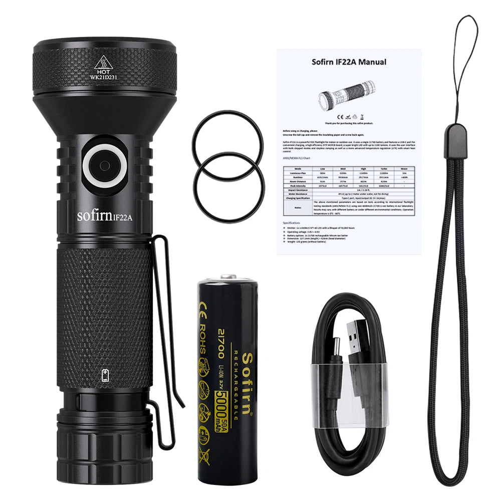 Sofirn IF22A 2100 Lumen 21700 Flashlight SFT40 LED Long Range USB C Rechargeable Throw Torch