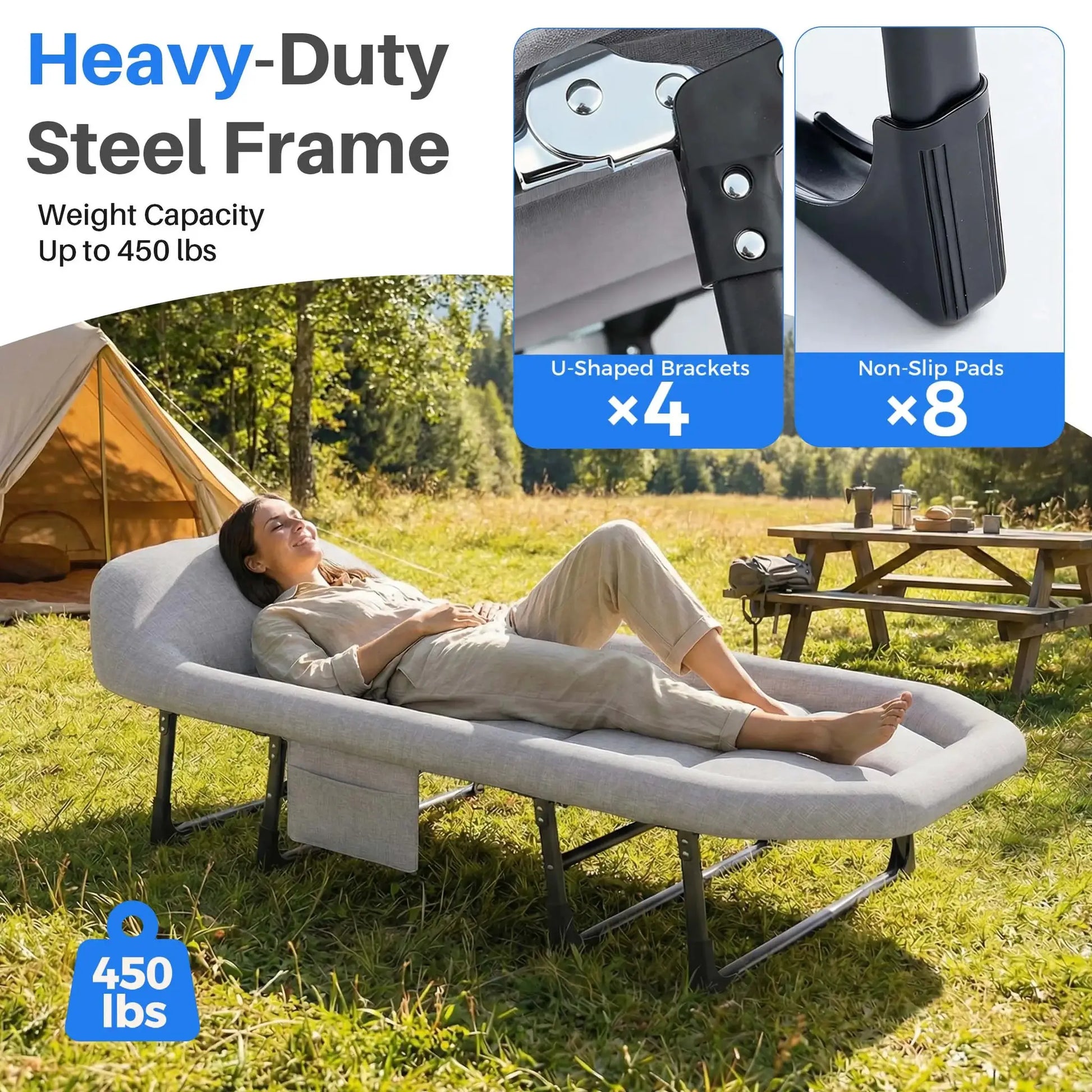 JHK Adjustable Folding Camping Bed with Mattress Lightweight Camping Cot with Carry Bag 6 Angle Foldable Camping Bed for Camp Outdoor Supports 450 lbs by Beastly Survival Outlet