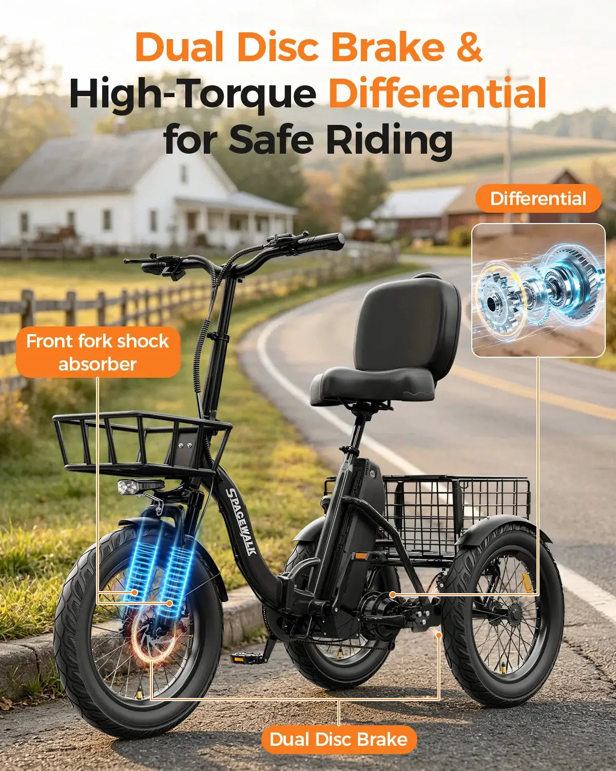 Spacewalk 1200W Peak Electric Trike for Adults, 48V 15Ah Battery 3 Wheel Electric Bike with 60 Miles Range, 18×3.0 Fat Tires, Dual Disc Brakes, Rear Cargo Basket, Adjustable Comfort Seat, Folding E Tricycle for Seniors-Black by Beastly Survival Outlet