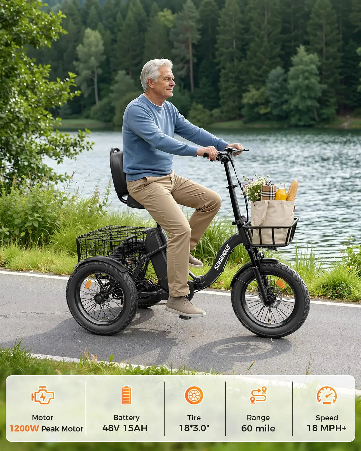 Spacewalk 1200W Peak Electric Trike for Adults, 48V 15Ah Battery 3 Wheel Electric Bike with 60 Miles Range, 18×3.0 Fat Tires, Dual Disc Brakes, Rear Cargo Basket, Adjustable Comfort Seat, Folding E Tricycle for Seniors-Black by Beastly Survival Outlet
