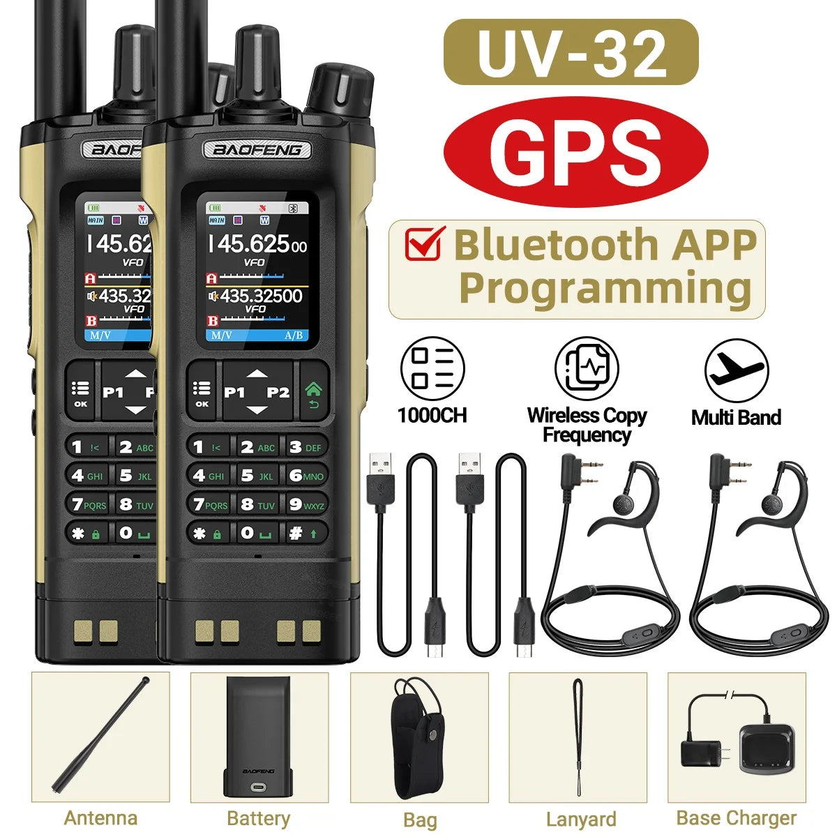 Baofeng UV 32 GPS Walkie Talkie 10W Long Range Bluetooth