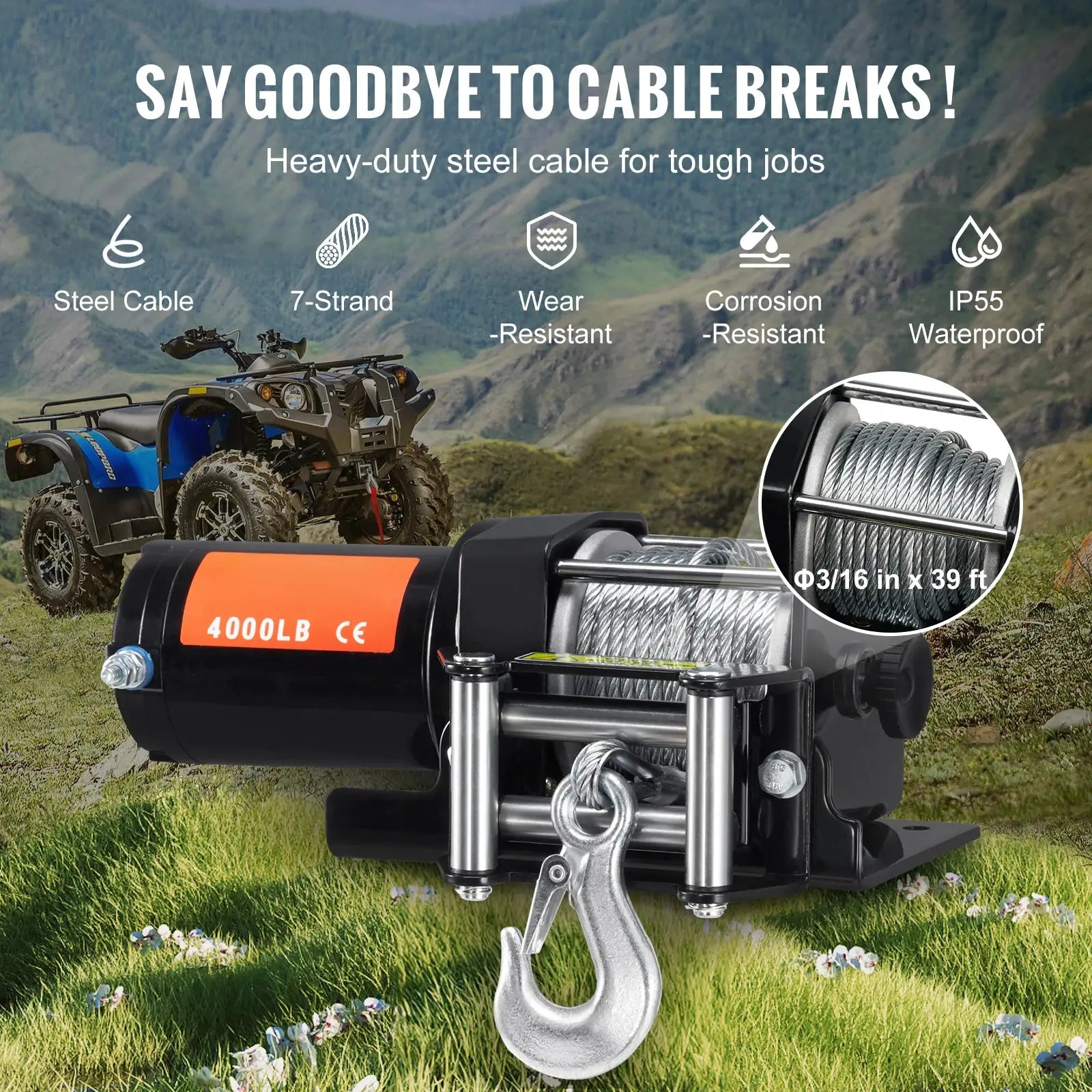 SucceBuy 4000lbs Electric Winch with 39ft 7 Strands Steel Cable Wireless & Wired Remote Control ATV/UTV Winch for Truck Towing by Beastly Survival Outlet