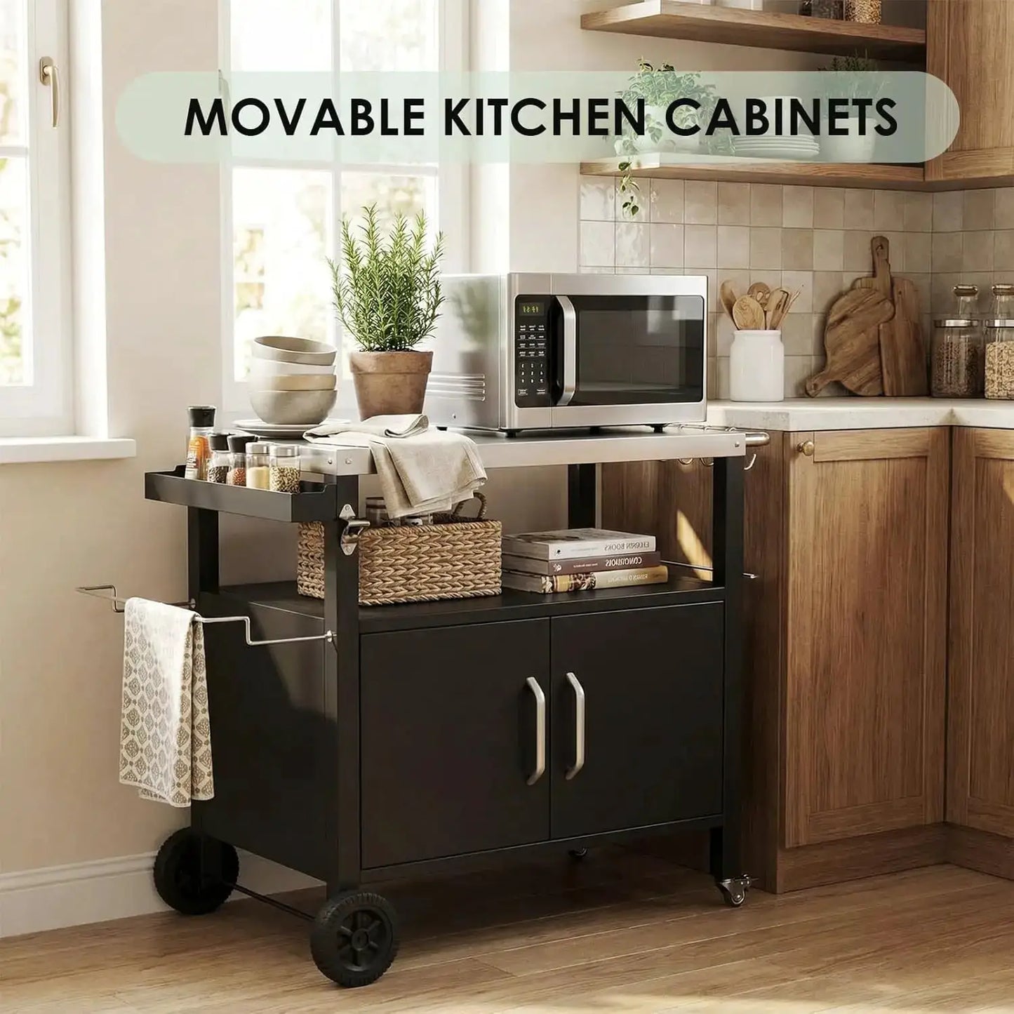 Outdoor Grill Cart with Storage Cabinet, XL Outdoor Kitchen Island with Stainless Steel Top, Outdoor Grill Station w/ 4 Wheels by Beastly Survival Outlet