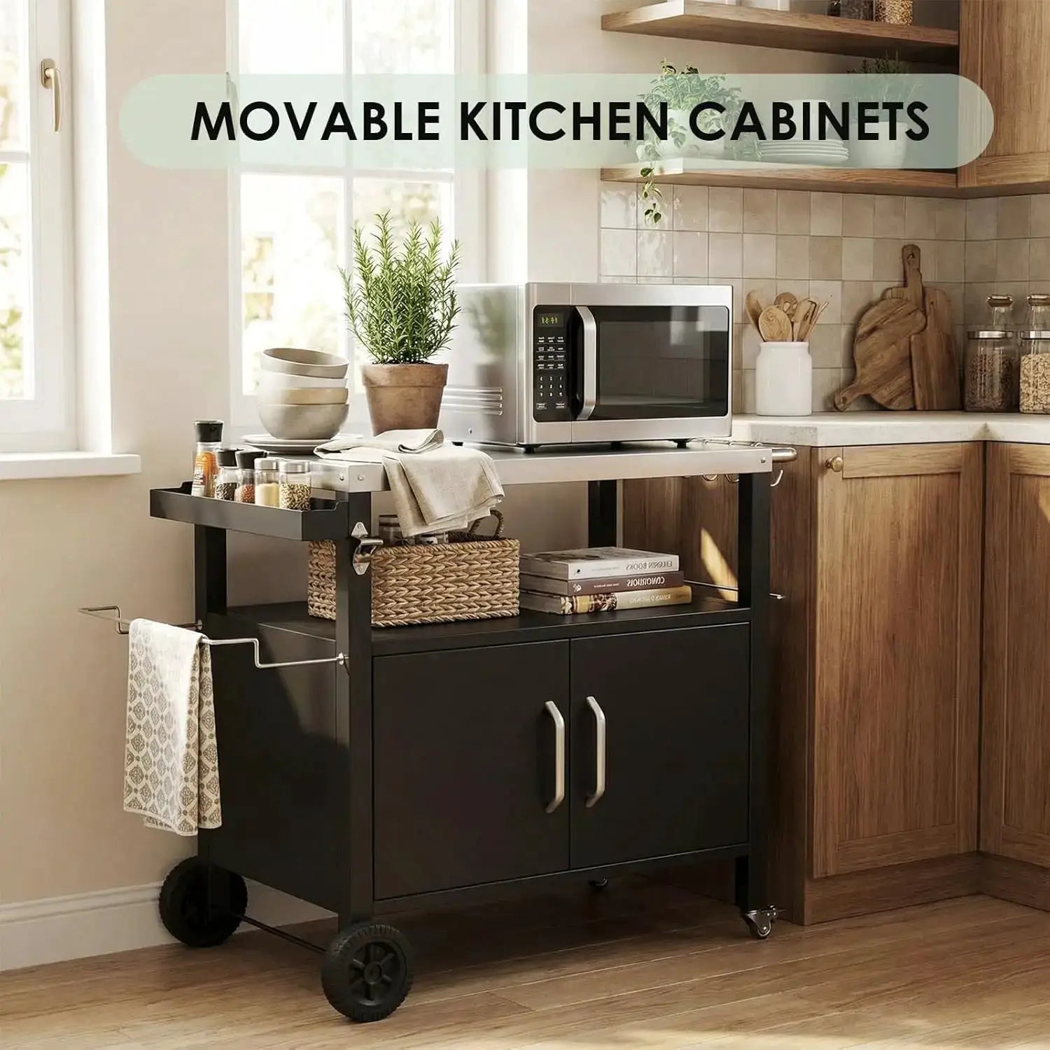 Outdoor Grill Cart with Storage Cabinet, XL Outdoor Kitchen Island with Stainless Steel Top, Outdoor Grill Station w/ 4 Wheels by Beastly Survival Outlet